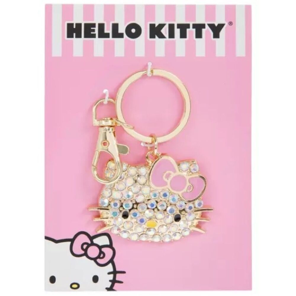 New Hello Kitty Gold Crystal Keychain - Pink Bow Bag Charm